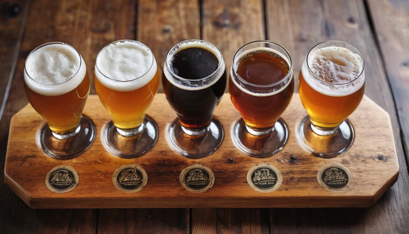 A selection of craft beers in a flight from bottles and cans, representing the diversity of brews created by microbreweries and craft breweries. From IPAs to stouts, each craft beer is brewed with care, emphasizing the unique flavors achieved through fermentation, yeast, and hops. This image captures the essence of craft brewing and the passion of craft brewers.