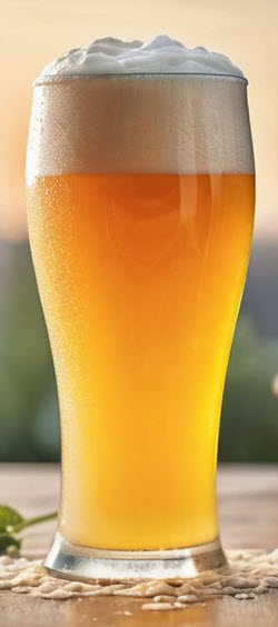 A glass of American Wheat Beer with a golden, wheaty appearance and a refreshing, citrus-infused flavor, topped with a creamy foam head. This craft beer, known for its fruity aroma and cloudy texture, is brewed with a blend of wheat, hops, and yeast, following the brewing traditions of German and Belgium styles. The beer's carbonation and smooth malt profile make it a perfect summer brew, enjoyed in a pint at your favorite brewery.