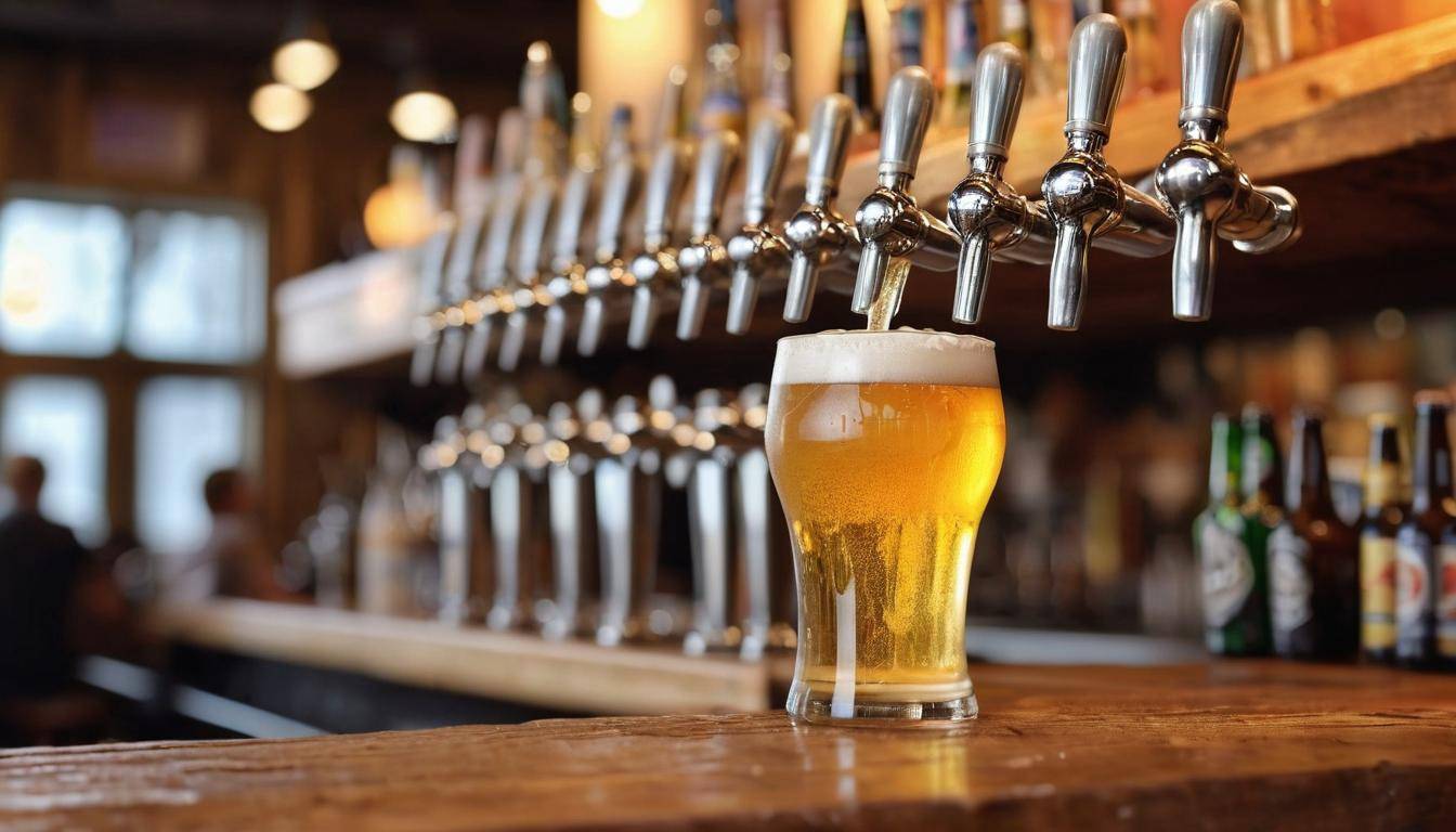 Craft beer being poured from a keg dispenser into a glass at a pub, highlighting the freshness of the draught beer