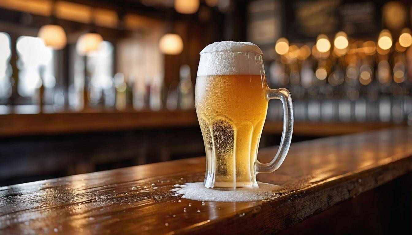 A frothy pint of chilled draft beer poured from a tap at a local brewery, showcasing the perfect head and carbonation.