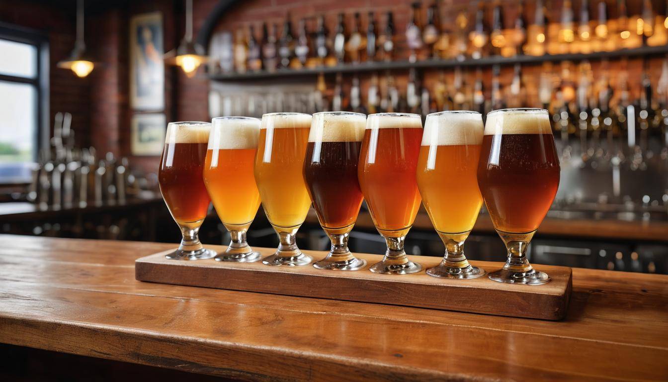 A hoppy IPA beer being poured into a pint glass at a brewery, showcasing the bold flavors of India Pale Ales, including double IPA and American IPA styles with a strong ABV.