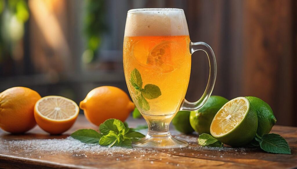 Lemon and orange citrus beer with tangy zest, a refreshing summer brew with carbonation and bold flavors of IPA and lager.